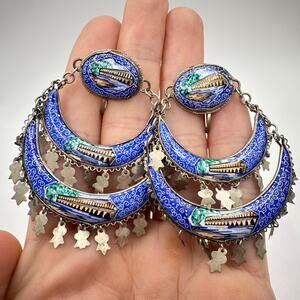 Antique vintage Perisan 800 silver handpainted Minakari screw back earrings